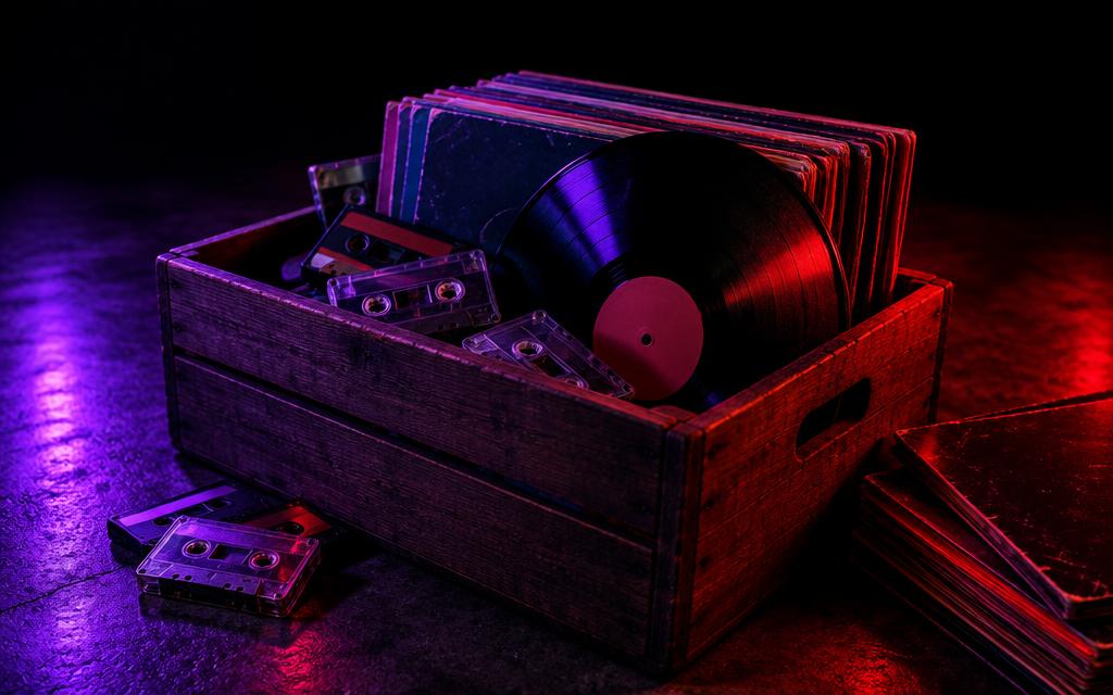 A crate of vintage vinyl records and cassette tapes lit in purple and red