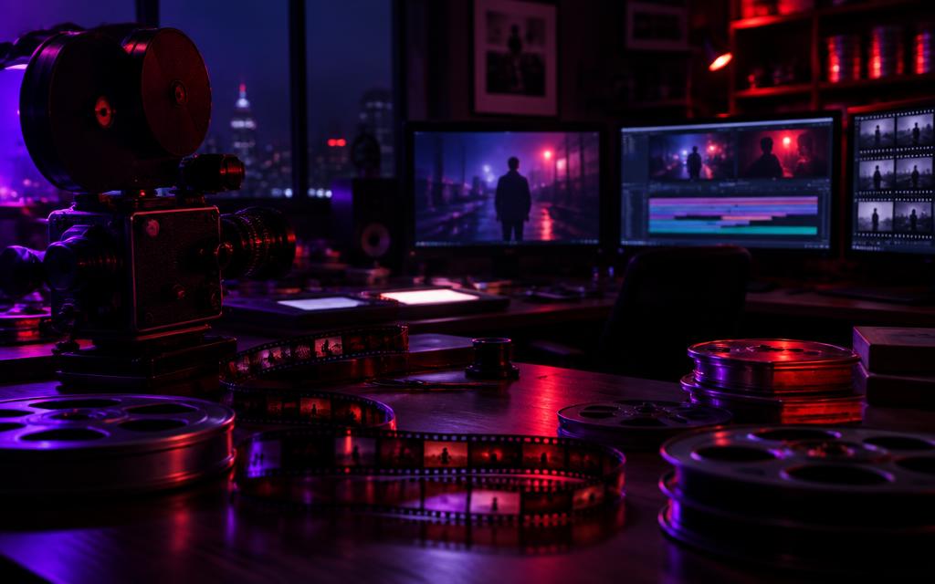 A dark film editing suite with a vintage camera and glowing monitors