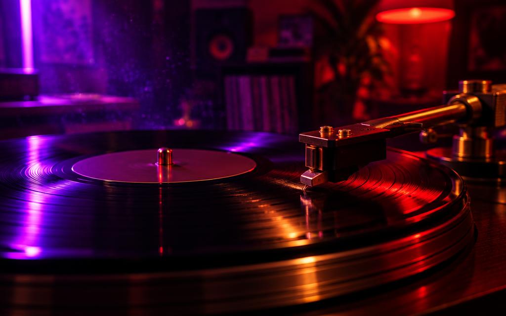 A vinyl record spinning on a turntable under purple and red light